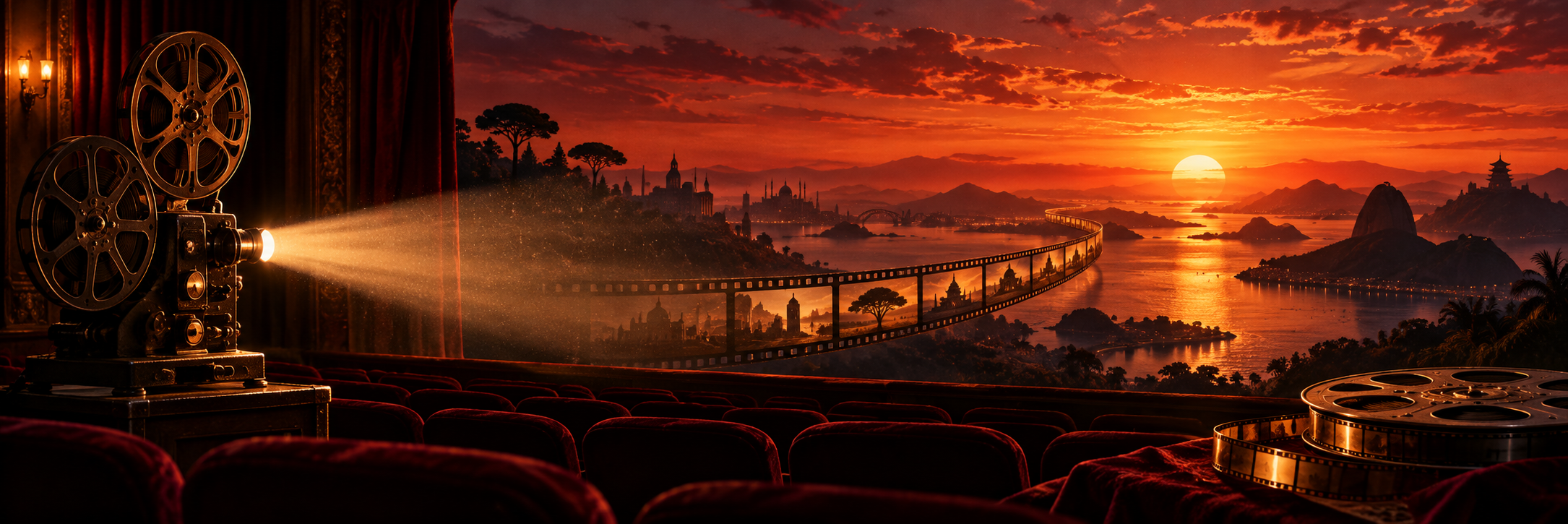 Projetor e película de cinema diante de um pôr do sol vermelho e laranja